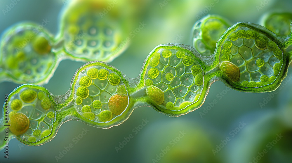 Foto de Round, green chloroplasts in plant cells of anacharis or ...