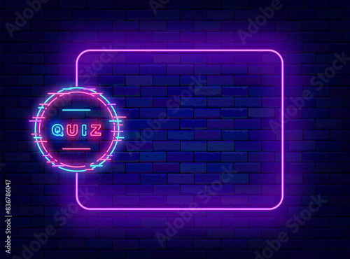 Quiz neon advertising. Television show and game. Guess song trivia night poster. Empty purple frame and typography with cyber circle. Funny competition. Editable stroke. Vector stock illustration
