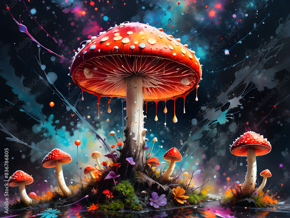 Fototapeta premium Surreal Universe Floating Fly Agaric with Rainbow Paint Explosions