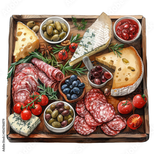 A delicious and diverse charcuterie board with salami, cheese, olives, tomatoes and jam. Perfect for entertaining or a special occasion.