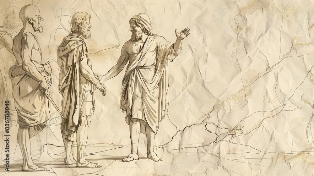 Fototapeta premium Biblical Illustration of the Master Rebuking Servant for Burying Talent, Beige Background, Copyspace