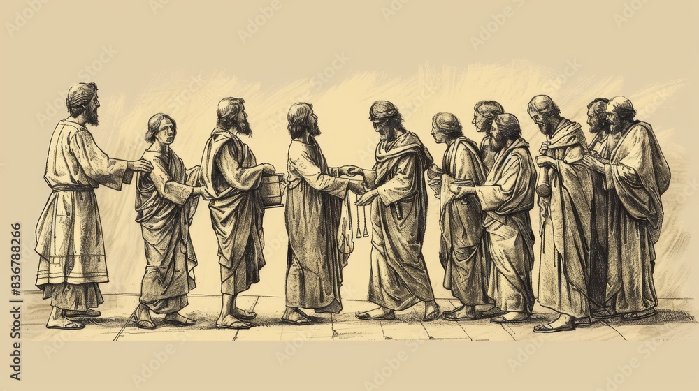 Fototapeta premium Parable of the Ten Minas Illustration: Servants Managing Money, Beige Background, Biblical Copyspace