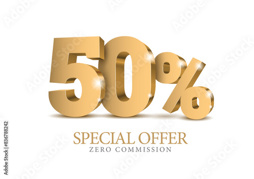 50 percent number. Fifty number in gold 3d. Poster template for discount, sale discount, work progress. Vector illustration