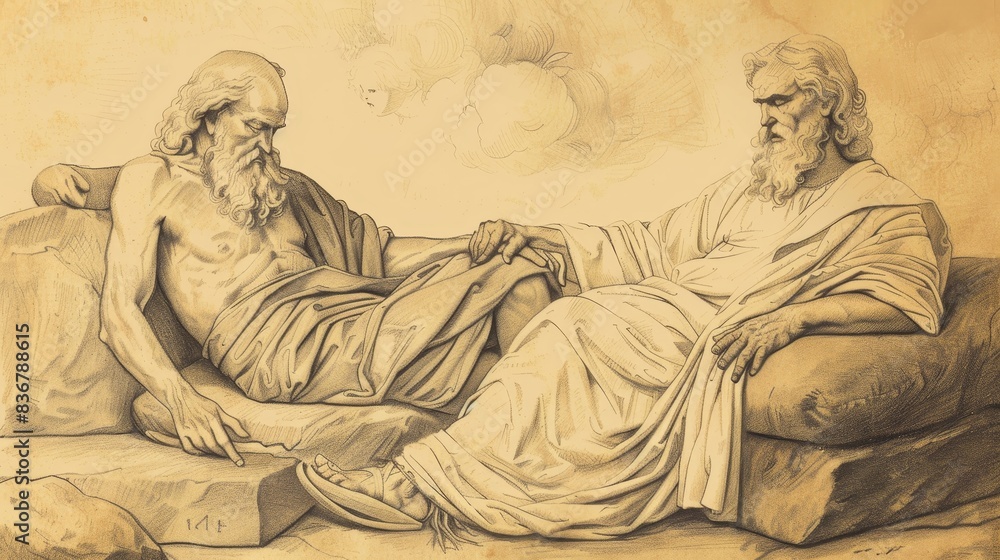 Fototapeta premium Parable of the Rich Man and His Manager Illustration: Manager Securing Future, Beige Background, Biblical Copyspace