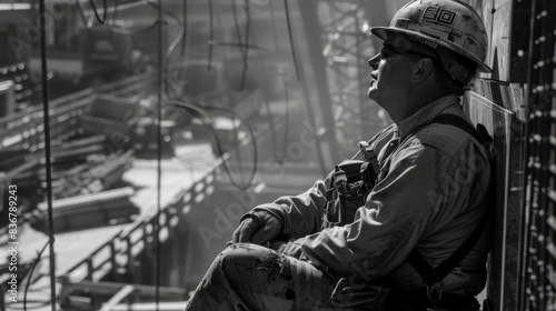 A black and white photograph of a construction worker taking a brief moment of rest while sitting on a building ledge  surrounded by the hustle and bustle of an active construction site