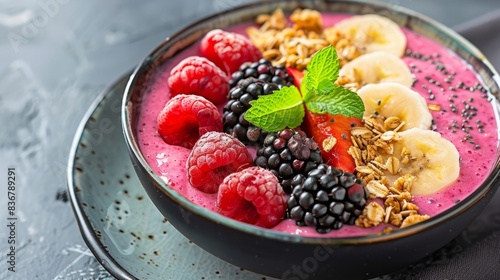 A closeup photo of a pink smoothie bowl topped with fresh fruit, granola, and a sprig of mint