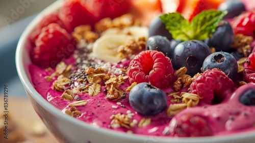 A vibrant smoothie bowl filled with fresh fruit, granola, and a hint of mint