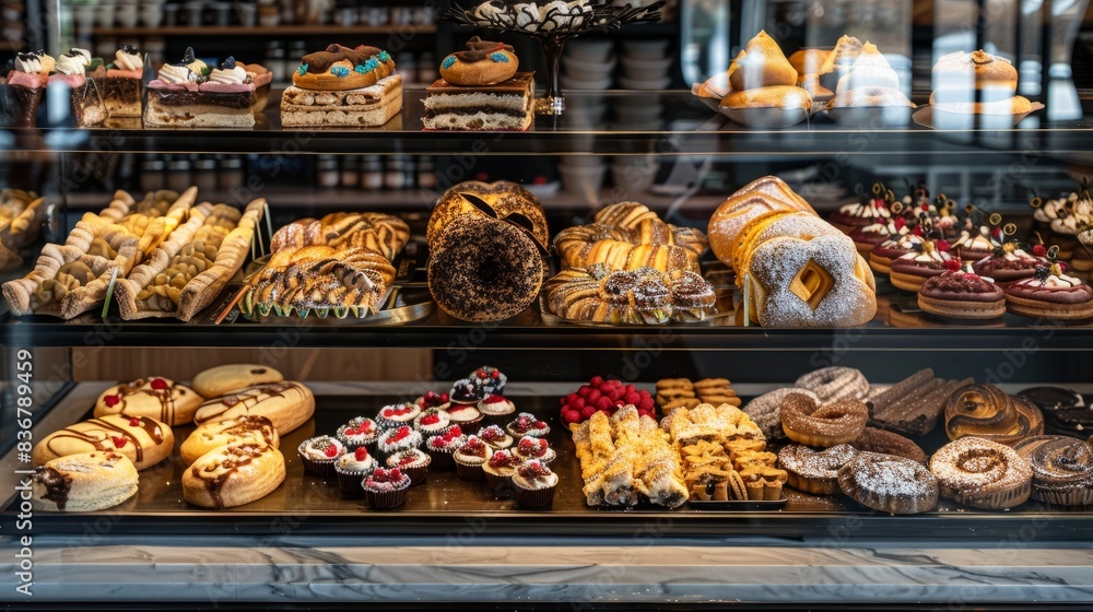 A high-angle view of a display case filled with a variety of gourmet pastries, showcasing the artistry and craftsmanship of a bakery