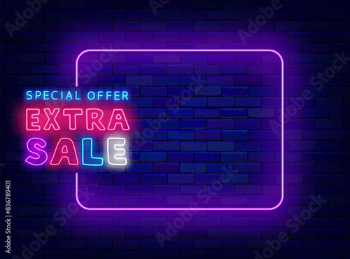 Extra sale neon banner. Special offer promotion. Shiny greeting card. Empty purple frame and typography. Great shopping banner. Copy space. Editing text. Vector stock illustration