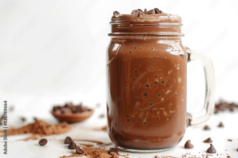chocolate smoothie in a mason jar glass on white background photography chocolate smoothie in a mason jar glass on white background photography