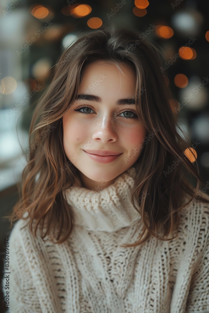 Portrait of a young woman in a cozy knitted winter sweater, smiling warmly Soft background, gentle lighting Portrait of a young woman in a cozy knitted winter sweater, smiling warmly Soft background, gentle lighting