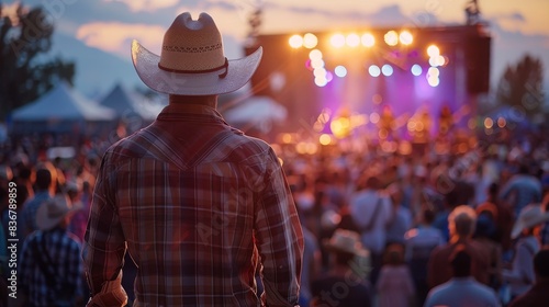 Man in cowboy hat at country music festival enjoying live country band