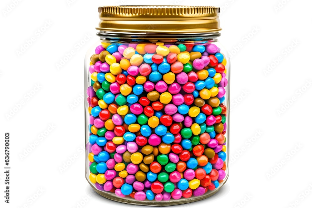 A jar full of colorful candies. The jar is clear and the candies are of different colors A jar full of colorful candies. The jar is clear and the candies are of different colors