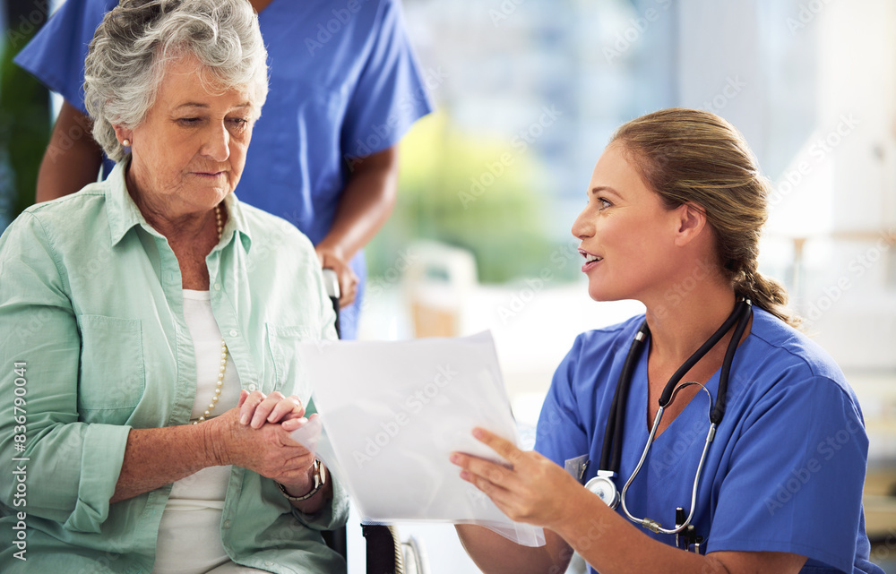 Documents, senior woman and doctor for discussion in hospital, medical results or treatment with health insurance. Medic, patient and wheelchair for paperwork, history or evaluation of information Documents, senior woman and doctor for discussion in hospital, medical results or treatment with health insurance. Medic, patient and wheelchair for paperwork, history or evaluation of information