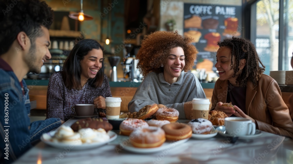 A medium photo of a group of friends enjoying cronuts and coffee at a trendy café capturing the