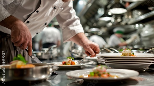 A chef carefully plates a dish in a busy restaurant kitchen, showcasing the fast-paced environment of the culinary world