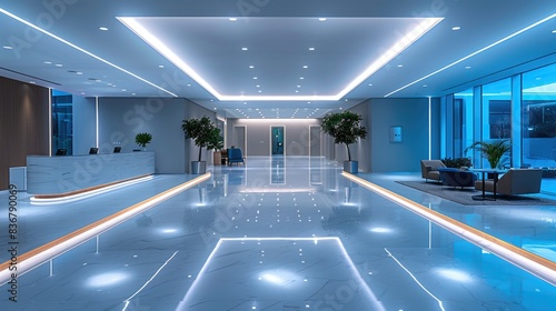Modern Office Interior White Square LED Down Lights, High Ceilings, Suspended Tiles
 photo