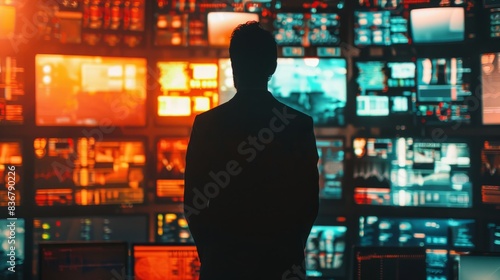 A silhouette of a person stands before a wall of glowing computer screens, their figure obscured by the bright light. Ominous shadows cast on the floor hint at a sense of mystery and intrigue photo