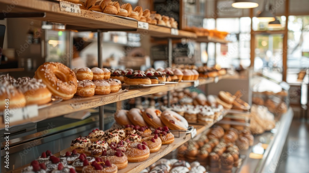 A close-up view of a pastry shops display shelves filled with a variety of fresh pastries, including cronuts, showcasing a vibrant and tempting selection
