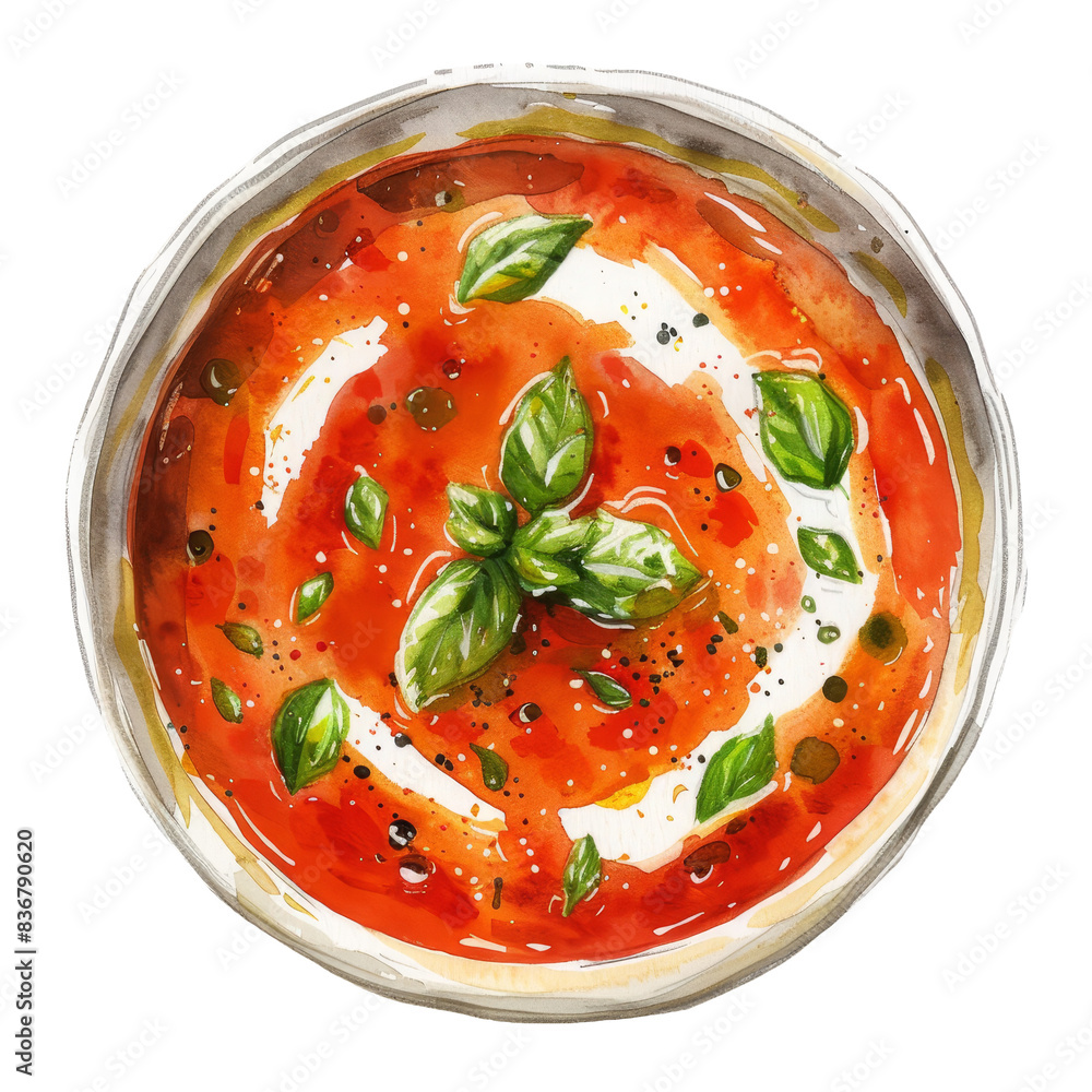 A bowl of tomato soup garnished with basil and a dollop of cream. A bowl of tomato soup garnished with basil and a dollop of cream.