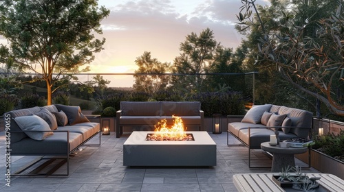 Modern outdoor backyard fire pit with grey furniture and bench seating on a sunset terrace, creating a cozy and comfortable patio space
 photo