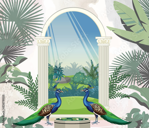 Mughal garden arch, plant, peacock illustration. Traditional Islamic vector pattern design for invitation