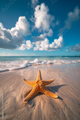 Starfish on the sand beach. Tropical seashore.