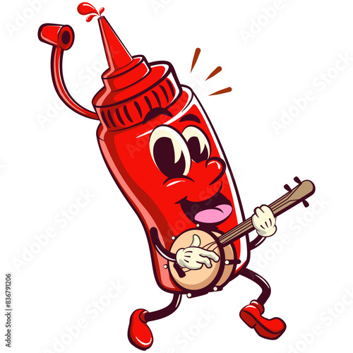 vector vintage illustration of cute ketchup bottle mascot character playing the banjo musical instrument, work of hand drawn