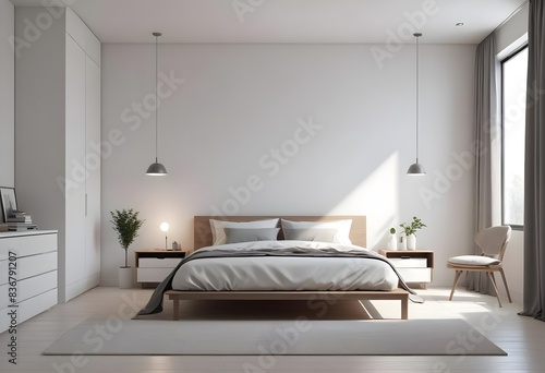 Modern minimalist bedroom. contemporary interior. 