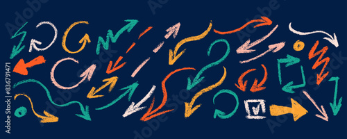 Colored charcoal arrows and doodle patterns collection. Pencil childish drawing elements. Naive playful abstract textures in doodle grunge style. Squiggles and curved arrows. Vector crayon lines.