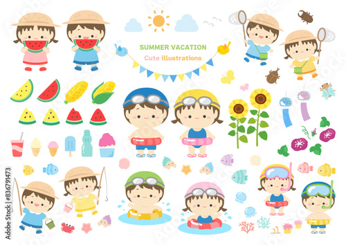 夏のイラスト素材セット、子供と食べ物と自然のベクターイラスト
