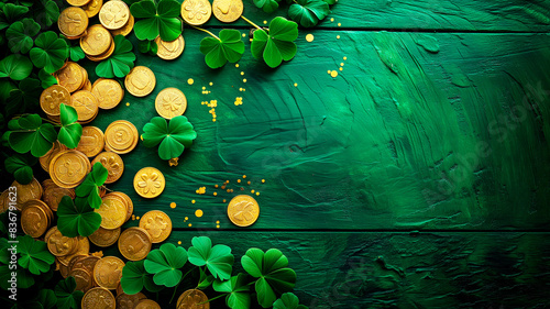 St. Patrick's Day Celebration. Gold coins and clover on green background.