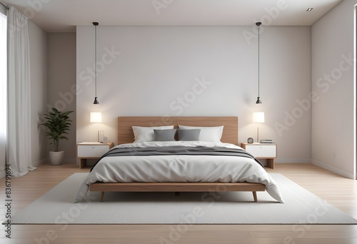 Modern minimalist bedroom. contemporary interior. 