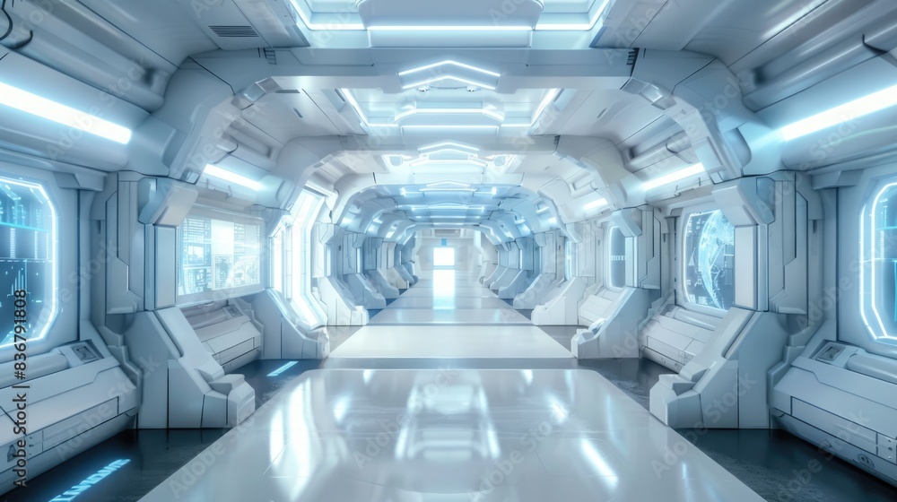 White corridor, tunnel in spaceship or future building White corridor, tunnel in spaceship or future building