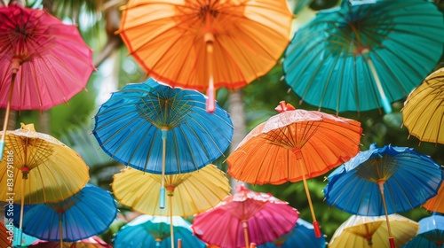 A collection of brightly colored umbrellas are neatly arranged on a table  adding a festive touch to a tropical-themed party