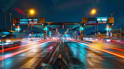A vibrant long exposure photograph of night traffic passing through a highway toll plaza  capturing the colorful light trails of vehicles