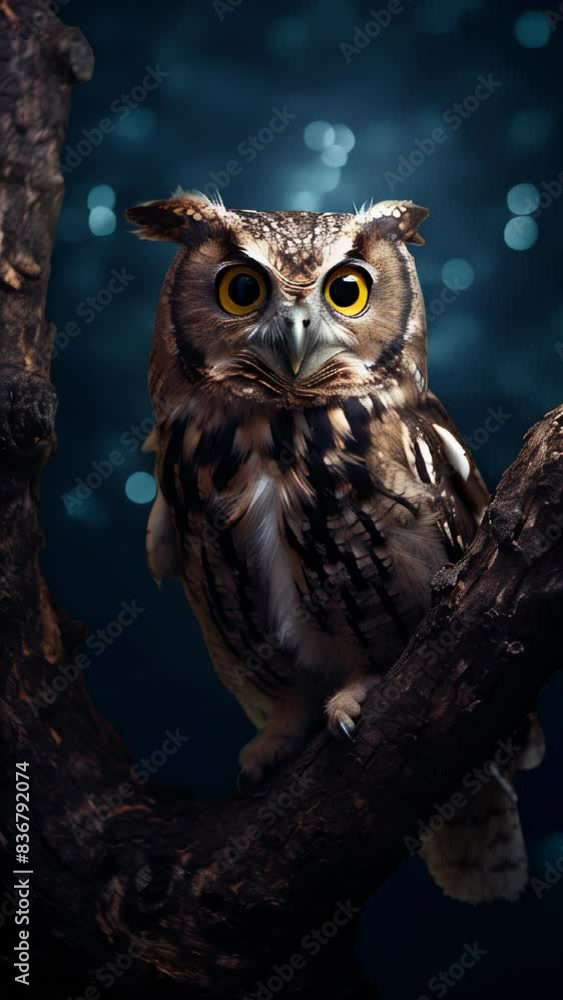 A small owl is perched on a tree branch. The owl is looking at the camera with its eyes wide open. The image has a dark and mysterious mood, with the owl being the only source of light in the scene A small owl is perched on a tree branch. The owl is looking at the camera with its eyes wide open. The image has a dark and mysterious mood, with the owl being the only source of light in the scene