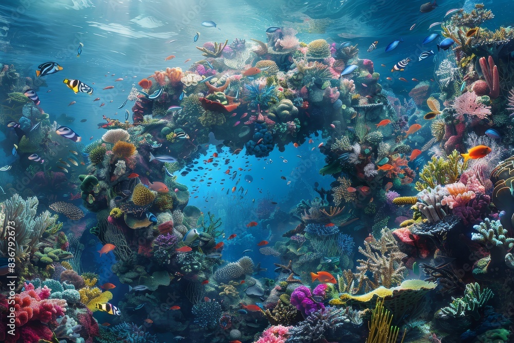 An underwater scene with an Omega-shaped coral reef teeming generated by AI An underwater scene with an Omega-shaped coral reef teeming generated by AI