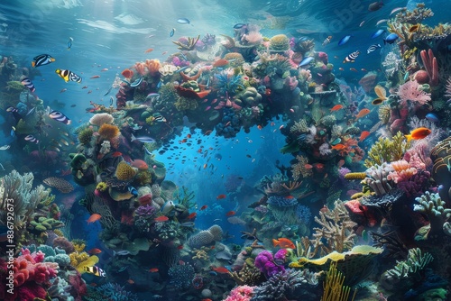 An underwater scene with an Omega-shaped coral reef teeming generated by AI