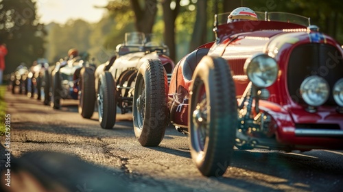 A line of vintage race cars waits at the starting line for the beginning of a thrilling racing event