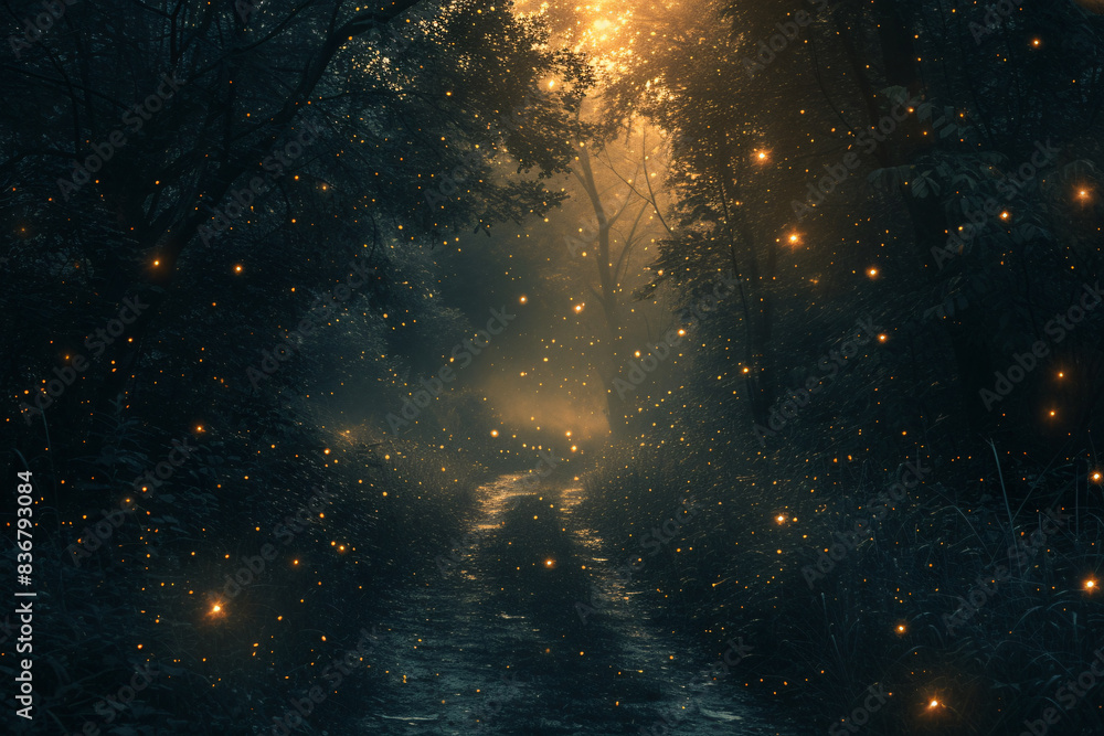 Naklejka premium fireflies in a plentiful forest