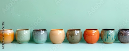 A row of different colored and shaped handmade ceramic pots on a light green background, in the style of copy space concept photo