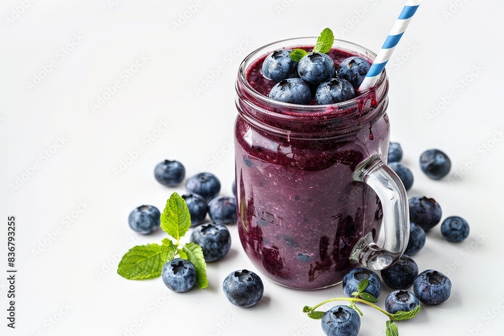 Freshly pressed blueberry juice smoothie in a smoothie jar on white background photography Freshly pressed blueberry juice smoothie in a smoothie jar on white background photography