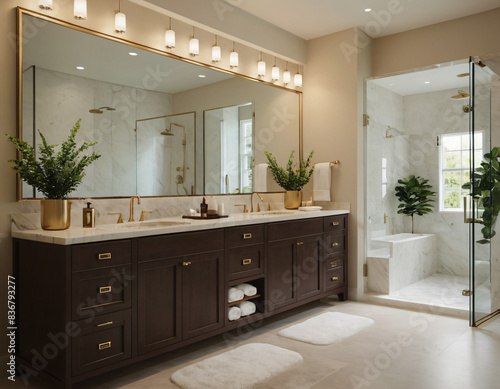 a high-quality 3D render of a luxurious bathroom featuring a spacious vanity with two sinks and a large mirror. Use premium materials such as marble countertops  sleek fixtures  and a glass-enclosed