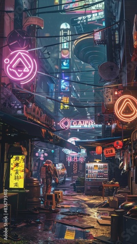 A cyberpunk city alley with neon Omega signs and street vendors selling generated by AI