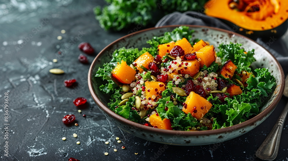 Quinoa and kale salad with roasted butternut squash, dried cranberries, and pumpkin seeds. Quinoa and kale salad with roasted butternut squash, dried cranberries, and pumpkin seeds.