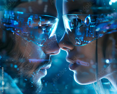 Wallpaper Mural Capture the intimate moment of a couple gazing into each others eyes, surrounded by holographic displays and sleek, futuristic gadgets, conveying a sense of love in a high-tech world Torontodigital.ca
