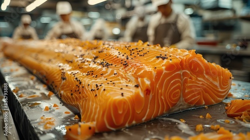 Quality Control in Fishing Industry: Workers Displaying Giant Salmon Meat
 photo
