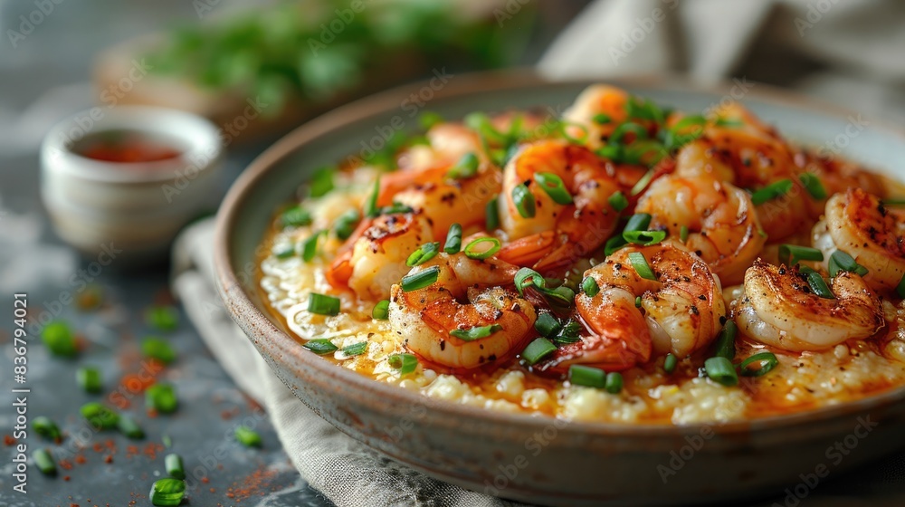 A bowl of shrimp and grits with a sprinkle of green onions, set against a Southern kitchen background with copy space A bowl of shrimp and grits with a sprinkle of green onions, set against a Southern kitchen background with copy space