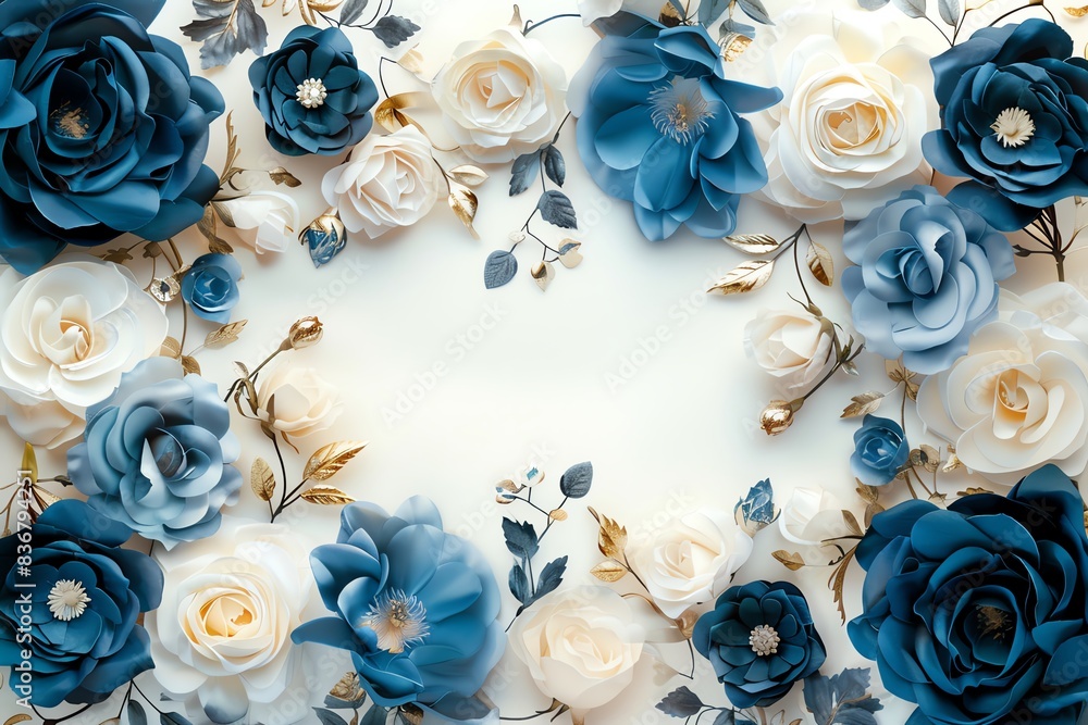 Luxurious floral border of blue and white roses with intricate gold detailing. Luxurious floral border of blue and white roses with intricate gold detailing.